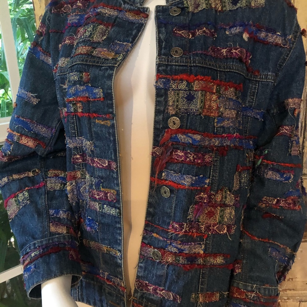 Boho jeans jacket unique denim jackets colorful jean jacket size Medium - Picture 2 of 8